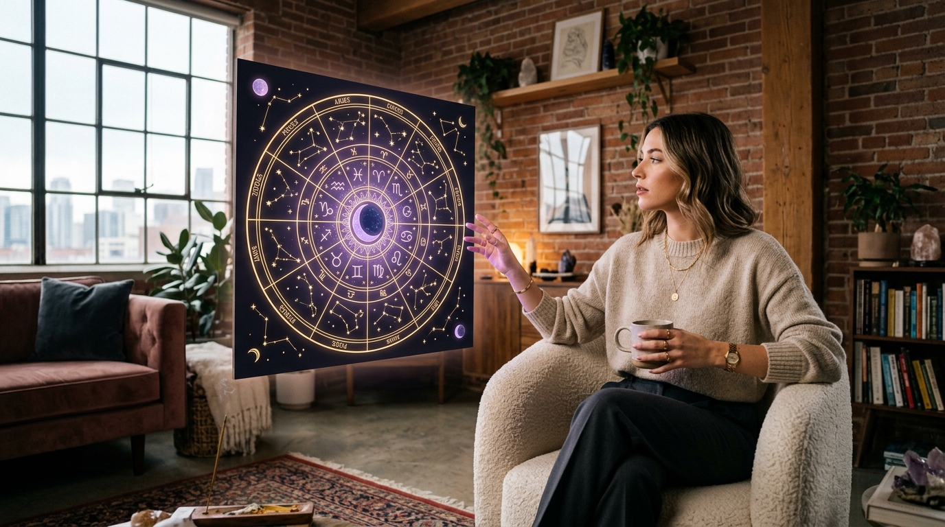 Uma mulher, sentada numa poltrona, toca uma roda zodiacal luminosa