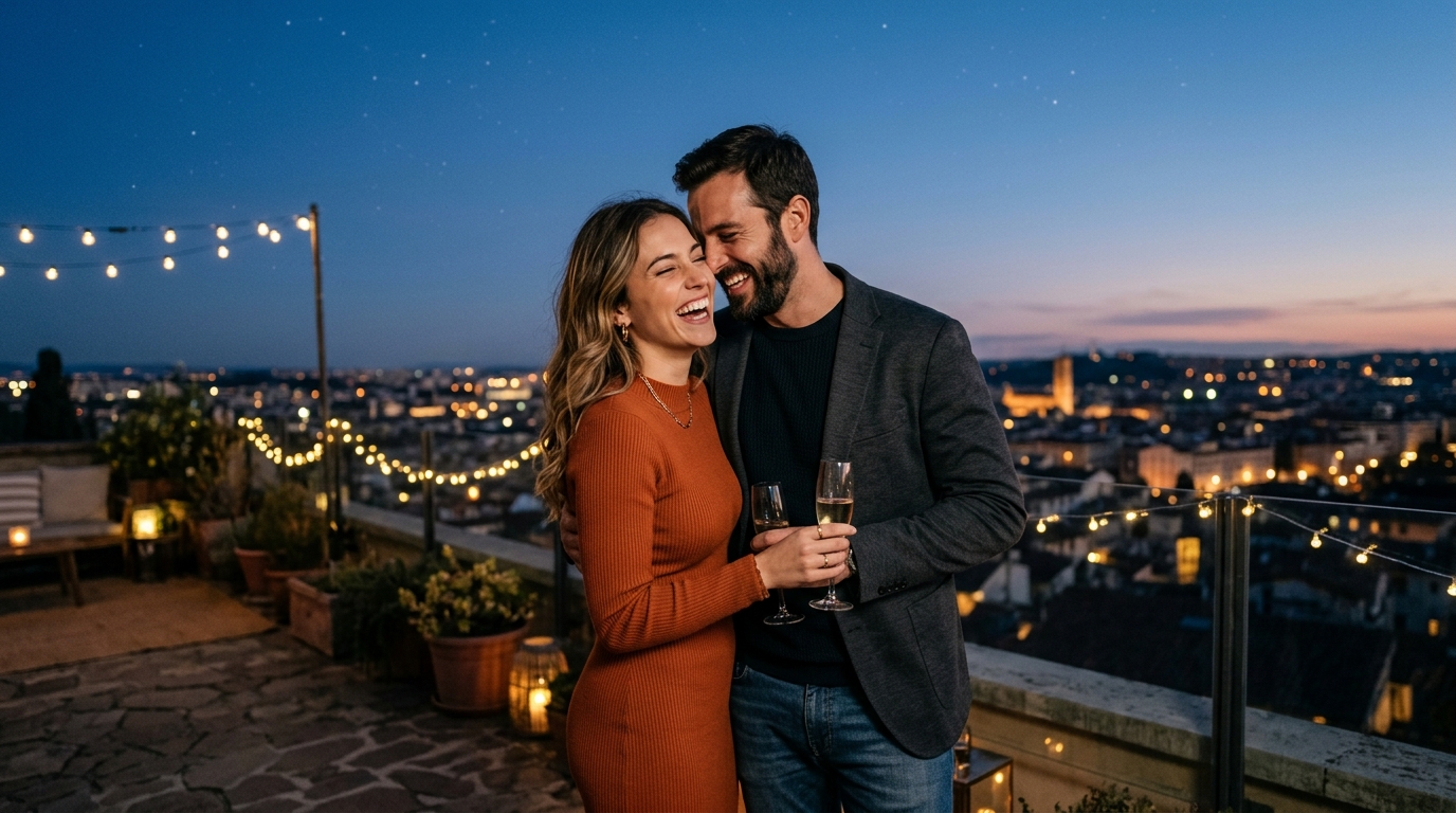 Um casal brinda numa cobertura, ao anoitecer, com a cidade iluminada ao fundo
